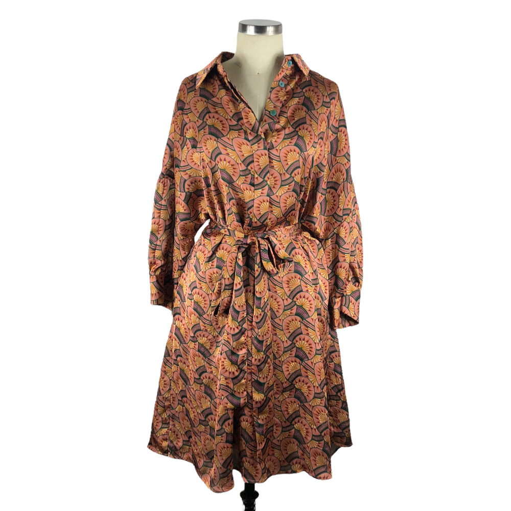 Eva Franco Orange and Black Patterned Midi Dress